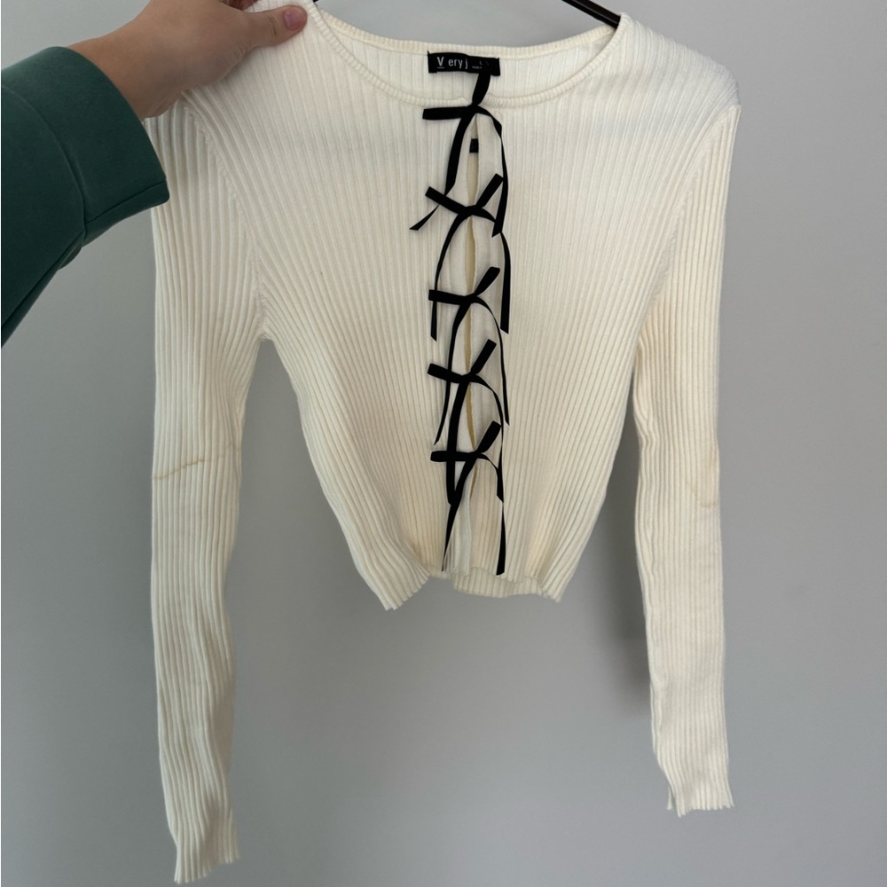 Cream Ribbed Lace-Up Top